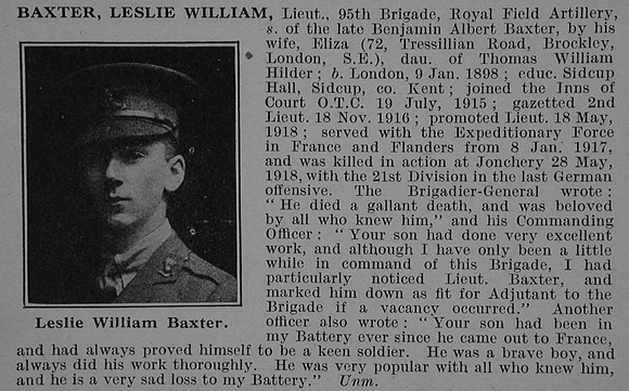 Baxter L W Lt Royal Field Artillery Obit De Ruvignys Roll Of Honour Vol 4