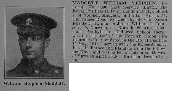 Madgett W S LCpl 7090 21st Royal Fusiliers Obit De Ruvignys Roll Of Honour Vol 4
