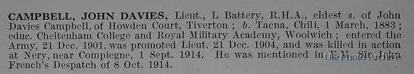 Campbell J D Lt Royal Horse Artillery Short Obituary De Ruvinys Roll Of Honour Vol 1