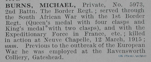 Burns M Pte 5973 2nd Border Regiment Obituary De Ruvignys Roll Of Honour Vol 1