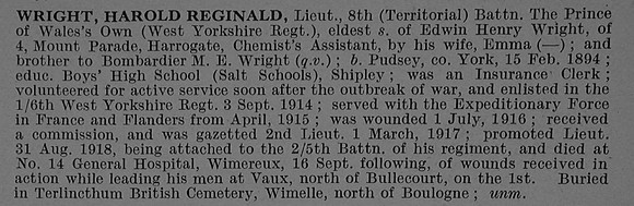 Wright H R Lt 8th West Yorkshire Regiment Obit De Ruvignys Roll Of Honour Vol 4