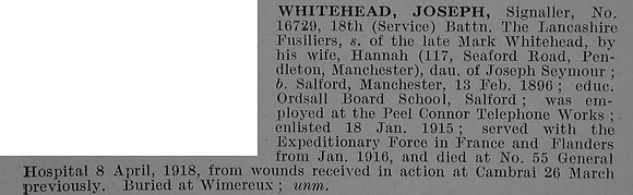 Whitehead J Sig 16729 18th Lancashire Fusiliers Obit De Ruvignys Roll Of Honour Vol 4