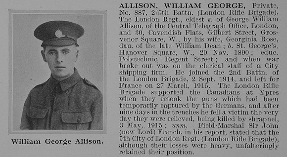 Allison W G Pte 887 5th London Regiment Obit