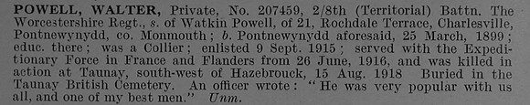 Powell W Pte 207459 8th Worcestershire Regiment Obit De Ruvignys Roll Of Honour Vol 4