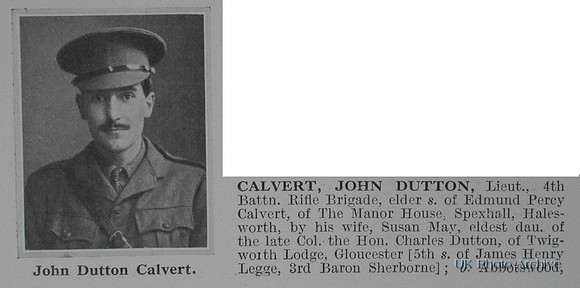 Calvert J D Lt 4th Rifle Brigade Obituary Part 1 De Ruvignys Roll Of Honour Vol 1