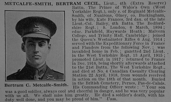 Metcalfe-Smith B C Lt 4th Attd 21st West Yorkshire Regiment (Prince of Wales's Own) Obit De Ruvignys Roll Of Honour Vol 4