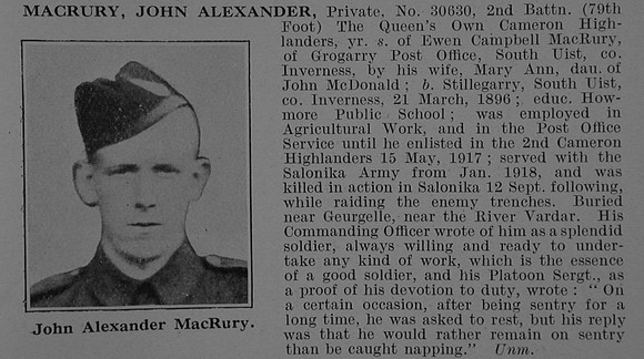 MacRury J A Pte 30630 2nd Cameron Highlanders Obit De Ruvignys Roll Of Honour Vol 5