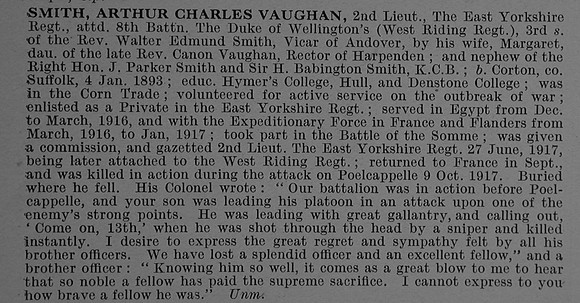 Smith A C V 2nd Lt East Yorkshire Regiment Attd 8th Duke of Wellington's (West Riding Regiment) Obit De Ruvignys Roll Of Honour Vol 4