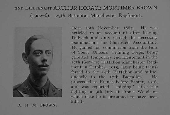 Brown A H M 2nd Lt 27th Manchester Regiment Obit Dulwich College Roll Of Honour