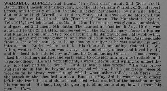 Warrell A 2nd Lt 5th Attd 2nd Lancashire Fusiliers Obit De Ruvignys Roll Of Honour Vol 4