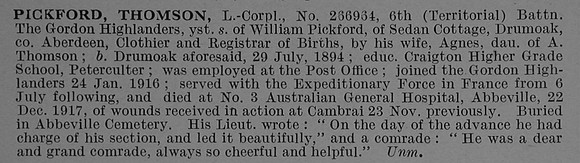 Pickford T L/Cpl 266964 6th Gordon Highlanders Obit De Ruvignys Roll Of Honour Vol 4