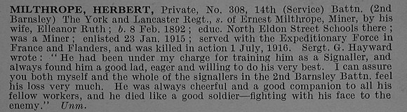 Milthorpe H Pte 308 14th York & Lancaster Regiment Obit De Ruvignys Roll Of Honour Vol 4