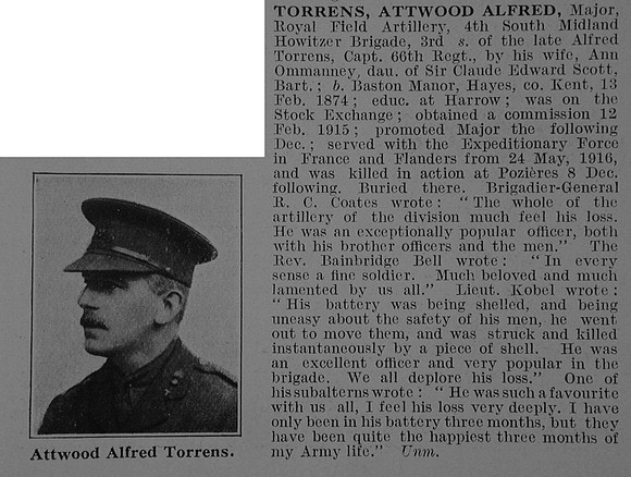 Torrens A A Major Royal Field Artillery Obit De Ruvignys Roll Of Honour Vol 3