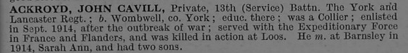 Ackroyd J C Pte 13th York & Lancs Regiment Obit De Ruvignys Roll Of Honour Vol 4