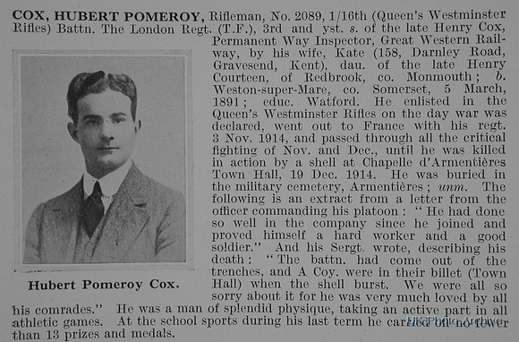 Cox H P Rfn 2089 16th London Regiment Obit De Ruvigny's Roll Of Honour Vol 4
