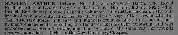 Stoten A Pte 142 8th Royal Fusiliers Obit De Ruvignys Roll Of Honour Vol 4