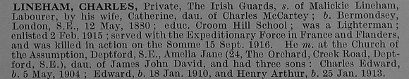 Lineham C Pte Irish Guards Obit De Ruvignys Roll Of Honour Vol 4