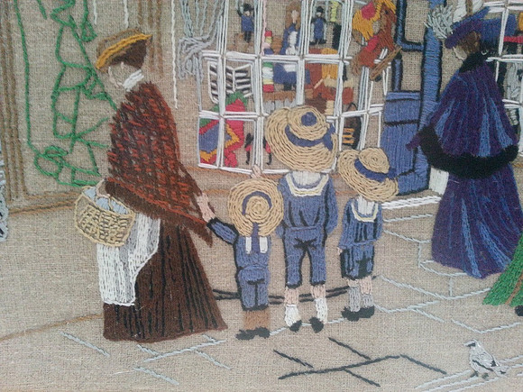 Vintage Framed Embroidered Picture/Panel Victorian Toy Shop And Hotel
