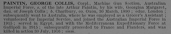 Paintin G C Cpl Australian Machine Gun Corps Short Obit De Ruvignys Roll Of Honour Vol 4