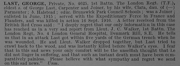 Last G Pte 4625 1st London Regiment (Royal Fusiliers) Obit De Ruvignys Roll Of Honour Vol 4