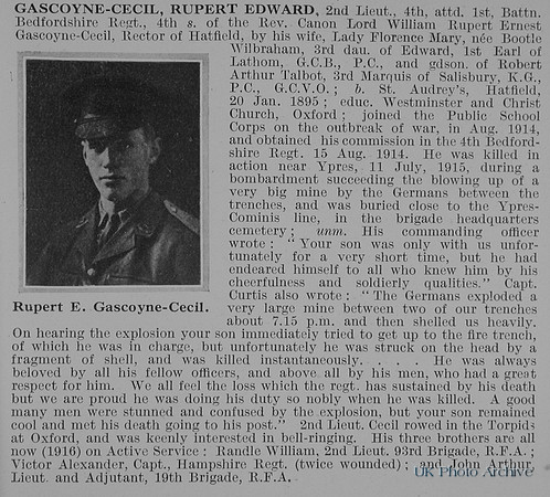 Gascoyne-Cecil R E 2nd Lt 4th Attd 1st Bedfordshire Regiment Obit De Ruvignys Roll Of Honour Vol 1