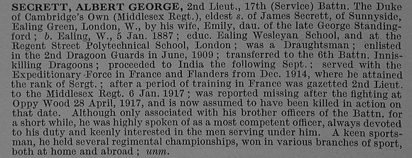 Secrett A G 2nd Lt 17th Middlesex Regiment Obit De Ruvignys Roll Of Honour Vol 4