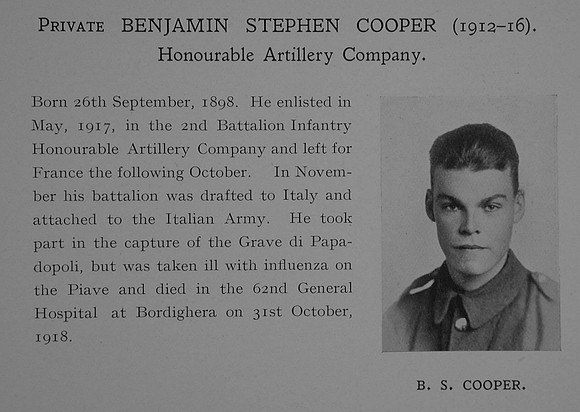 Cooper B S Pte 10922 2nd Honourable Artillery Company Obit Dulwich College Roll Of Honour