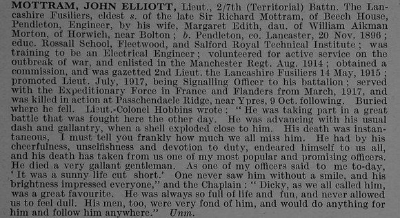 Mottram J E Lt 7th Lancashire Fusiliers Obit De Ruvignys Roll Of Honour Vol 4