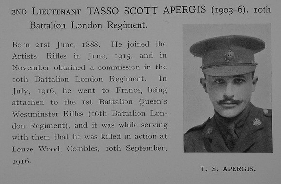 Apergis T S 2nd Lt 10th London Regiment Obit Dulwich College Roll Of Honour