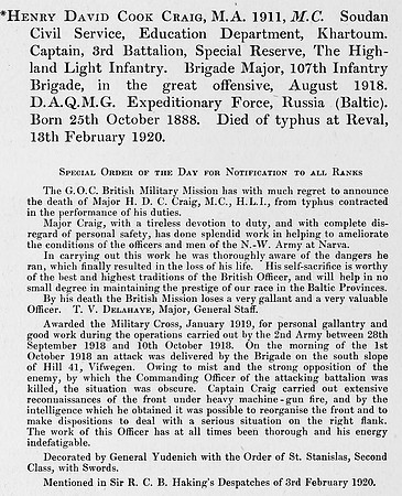 Craig H D C Major MC 3rd Highland Light Infantry