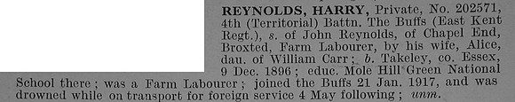 Reynolds H Pte 202571 4th East Kent Regiment  Obit De Ruvignys Roll Of Honour Vol 4