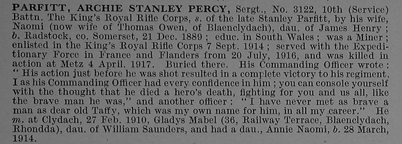 Parfitt A S P Sergt 3122 10th Kings Royal Rifle Corps Obit De Ruvignys Roll Of Honour Vol 4