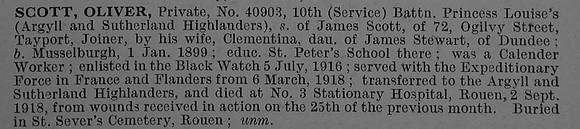 Scott O Pte 40903 10th Argyll & Sutherland Highlanders Obit De Ruvignys Roll Of Honour Vol 4