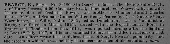 Pearce B Sergt 33180 8th Bedfordshire Regiment Obit De Ruvignys Roll Of Honour Vol 4