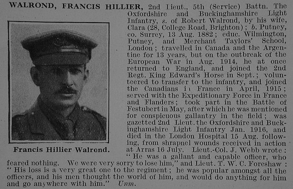 Walrond F H 2nd Lt 5th Oxford & Bucks Light Infantry Obit De Ruvignys Roll Of Honour Vol 3