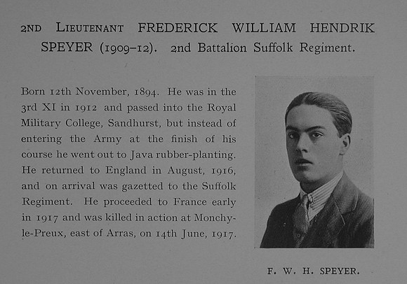 Speyer F W H 2nd Lt 2nd Suffolk Regiment Obit Dulwich College Roll Of Honour