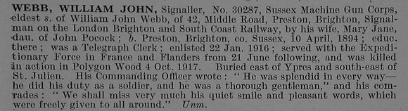 Webb W J Sig 30287 Machine Gun Corps (Infantry) Obit De Ruvignys Roll Of Honour Vol 4