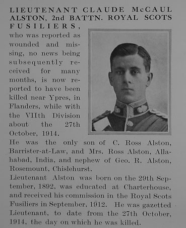 Alston C M Lt 2nd Royal Scots Fusiliers Obit The Bond Of Sacrifice Vol 1