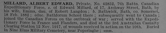 Millard A E Pte 42852 7th Canadian Infantry (British Columbia Regiment) Obit De Ruvignys Roll Of Honour Vol 4