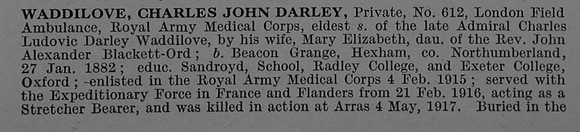Waddilove C J D Pte 612 Royal Army Medical Corps Obit Part 1 De Ruvignys Roll Of Honour Vol 4