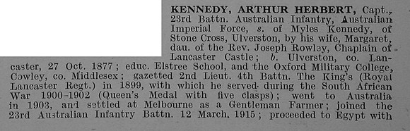 Kennedy A H Captain 23rd Australian Infantry Obit Part 1 De Ruvignys Roll Of Honour Vol 4