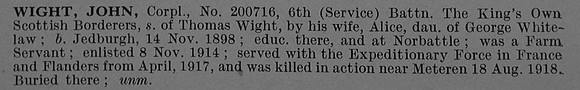 Wight J Cpl 200716 6th Kings Own Scottish Borderers Short Obit De Ruvignys Roll Of Honour Vol 4