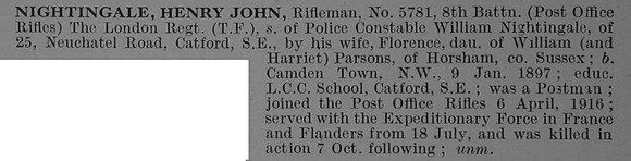 Nightingale H J Rfn 5781 8th London Regiment Obit De Ruvignys Roll Of Honour Vol 4
