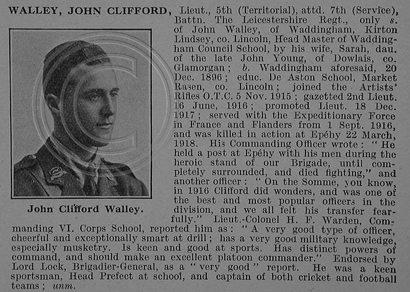 Walley J C Lt 5th Attd 7th Leicestershire Regiment Obit De Ruvignys Roll Of Honour Vol 4