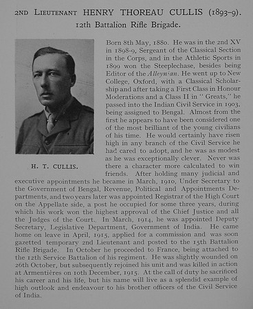 Cullis H T 2nd Lt 12th Rifle Brigade Obit Dulwich College Roll Of Honour