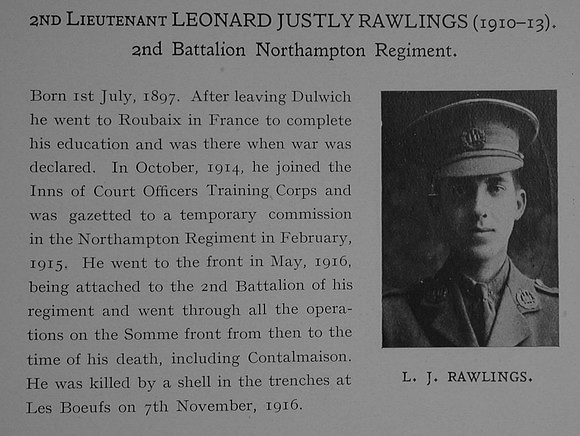 Rawlings L J 2nd Lt 2nd Northamptonshire Regiment Obit Dulwich College Roll Of Honour