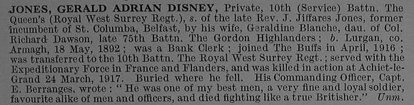 Jones G A D Pte G/23352 10th Queens Royal West Surrey Regiment Obit De Ruvignys Roll Of Honour Vol 4