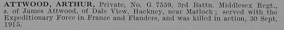 Attwood A Pte G7559 3rd Middlesex Regiment Obit