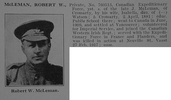 McLeman R W Pte Canadian Infantry (British Columbia Regiment) Obit De Ruvignys Roll Of Honour Vol 3