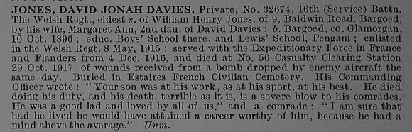 Jones D J D Pte 32674 16th Welsh Regiment Obit De Ruvignys Roll Of Honour Vol 4